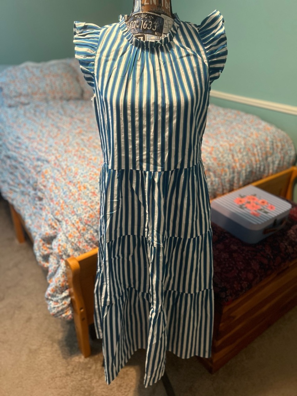 J. Crew Blue & White Vertical Stripe Tiered Midi Dress